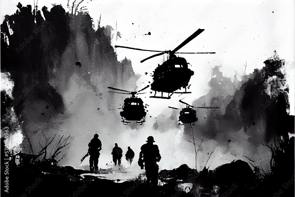 A black and white pen illustration of a battlefield scene during the ...