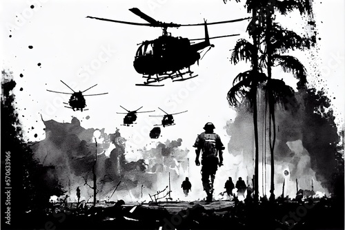 A black and white pen illustration of a battlefield scene during the Vietnam War with Helicopters in the sky. AI Generative Art. photo