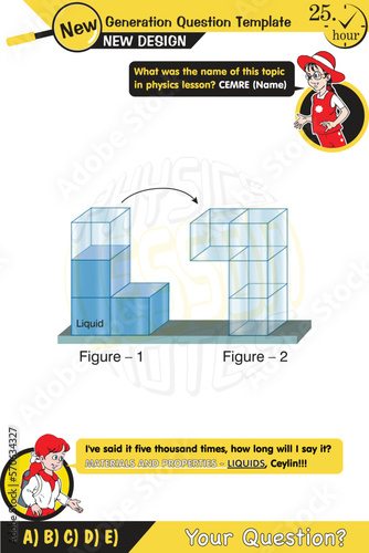 Physics, Substance and properties experiment illüstration, liquids, two sisters speech bubble, New generation question template, exam question, for teachers, editable, eps photo