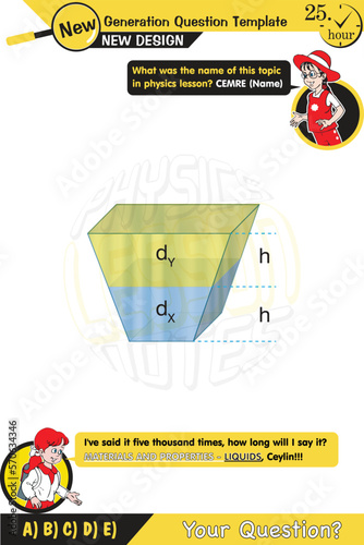 Physics, Substance and properties experiment illüstration, liquids, two sisters speech bubble, New generation question template, exam question, for teachers, editable, eps photo