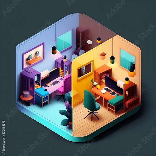 Corportate Work Space vs Home Work, Space Social distance inside business workplace. Colorful