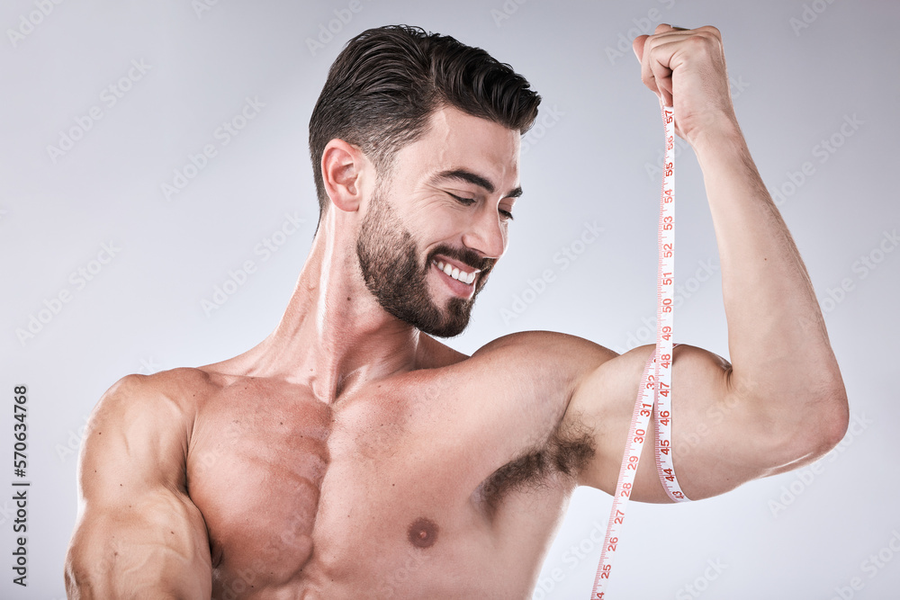 Fitness, body and strong man with tape measure for biceps for exercise ...