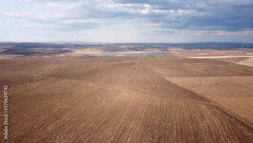 Beautiful aerial panoramic view of autumn countryside landscape. Agricultural fields near Karnobat, Bulgaria