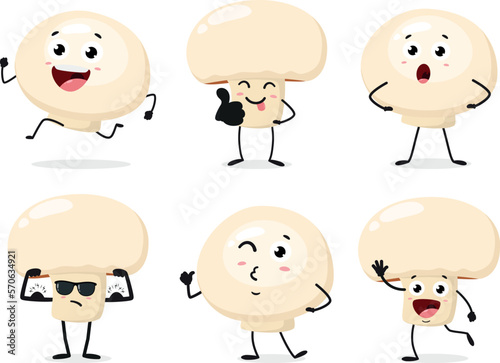 Set of Champignon Mushroom cartoon. Isolated on white background