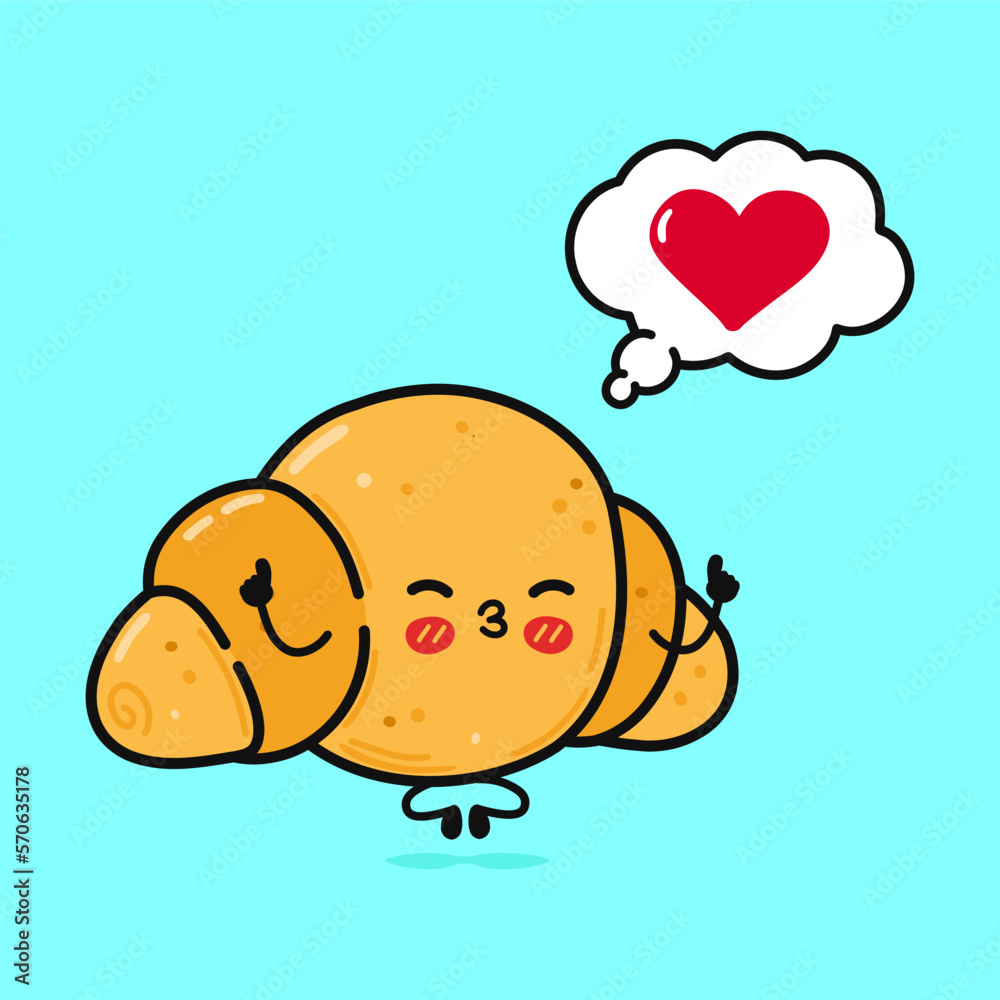 Cute funny Croissant doing yoga with speech bubble. Vector hand drawn cartoon kawaii character illustration icon. Isolated on blue background. Croissant in love character concept Cute funny Croissant doing yoga with speech bubble. Vector hand drawn cartoon kawaii character illustration icon. Isolated on blue background. Croissant in love character concept