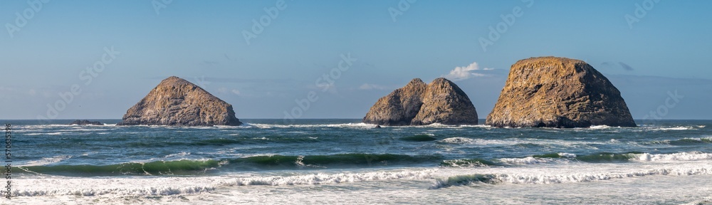 Huge rock formations seen from the beach at Symons State Scenic Viewpoint, Oregon