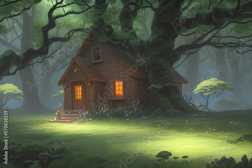 Small Cozy Isolated Cottage House With Chimmey In The Serene Forest created with Generative AI Technology photo