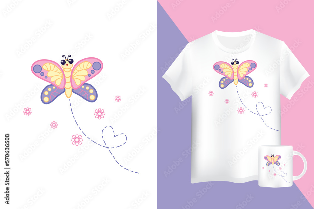 Mockup cute butterfly. Cute bug illustration for kids isolated on white background