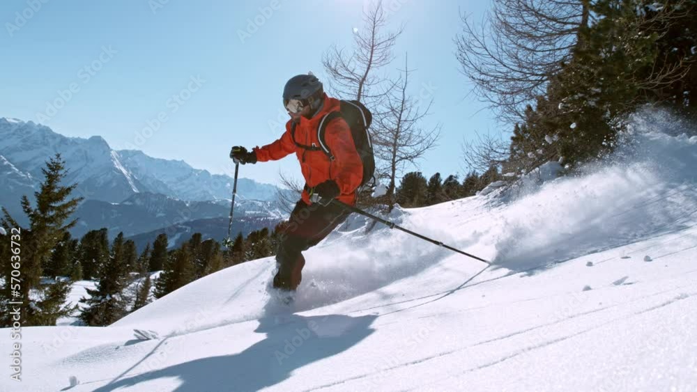 Super slow motion of free ride skier in powder snow. Filmed on high speed cinema camera, 1000fps. Super slow motion of free ride skier in powder snow. Filmed on high speed cinema camera, 1000fps.