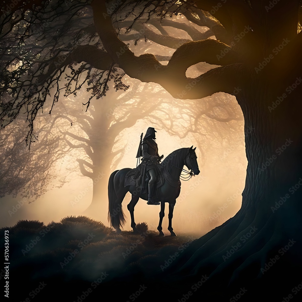 Golden Hour of Dawn and Dusk: Backlit Silhouette Knight and Horse under Ancient Oak Tree with Beautiful Fog, Generative AI
