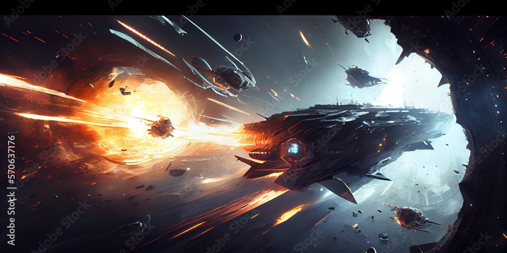 Sci Fi spaceship exploding in outer space during a space battle. AI  Generative Art. Stock Illustration | Adobe Stock