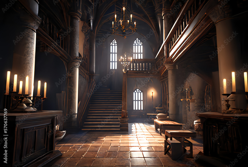 interior of medieval church, great hall, generative ai