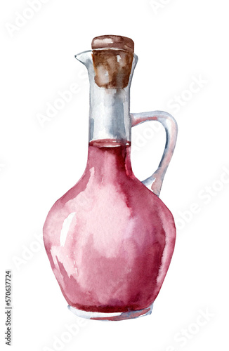 Jar with red wine vinegar. Watercolor hand drawn illustration, isolated on white background