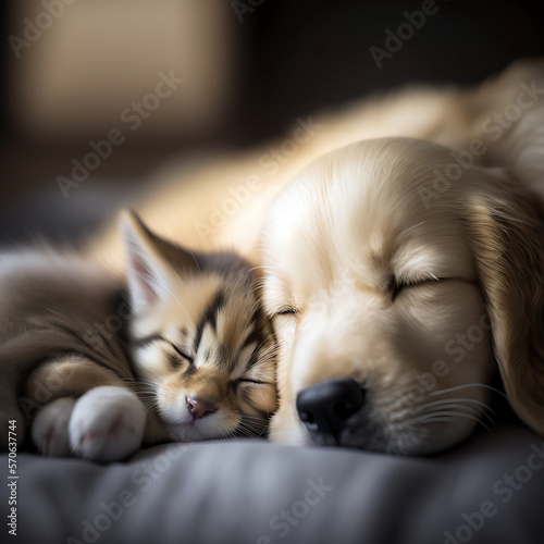 A kitten and a baby golden retriever sleep together © digitizesc
