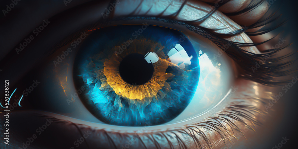 The human eye , with its intricate details and vivid colors. a blue eye reveals the complexity of the structures that make up the organ, from its eyelashes to its iris and pupil, generative ai