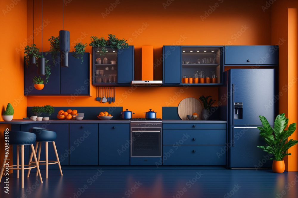 Modern style orange kitchen interior design with dark blue wall. Idea