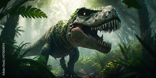 A Tyrannosaurus Rex roams the jungle  generative ai