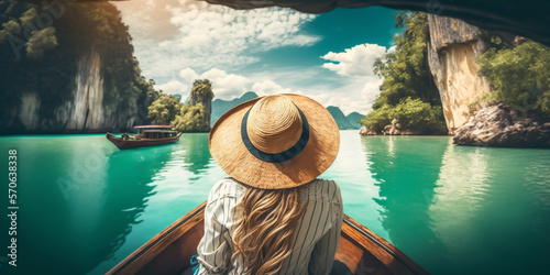 A young woman stands on a beach, wearing a straw hat , taking in the beauty of nature around her. She is ready to take a plunge into the crystal clear waters, ready to make memories generative ai