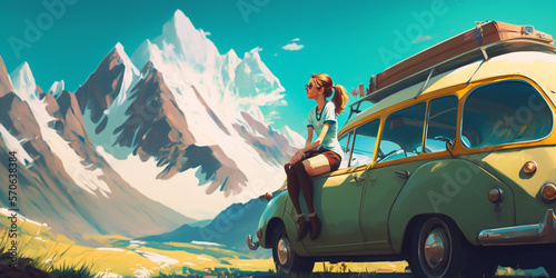 A female traveler is sitting atop a hatchback car, looking out at the breathtaking mountain With the sun setting in the background, she takes in her surroundings and enjoys her journey. generative ai