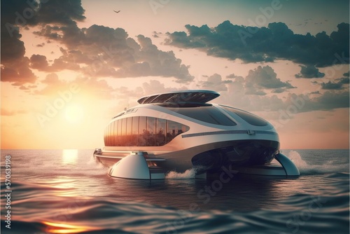 Sustainable leisure travel electric hovercrafts and so, concept of Carbon Neutrality and Eco-Tourism, created with Generative AI technology