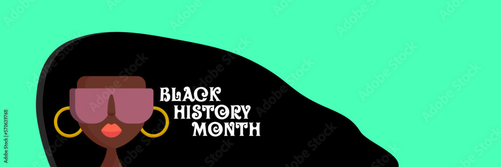 Black history month horizontal banner with afro American woman with long hair isolated on green background. Vector Black history month poster, flyer, background with pretty african young model Black history month horizontal banner with afro American woman with long hair isolated on green background. Vector Black history month poster, flyer, background with pretty african young model