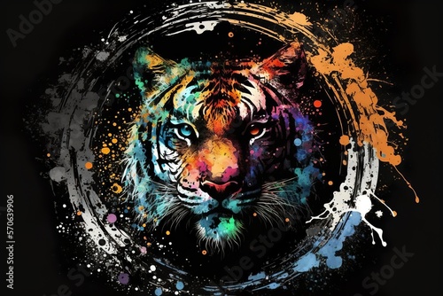 Portrait of a ferocious tiger in a colorful splash paint circle