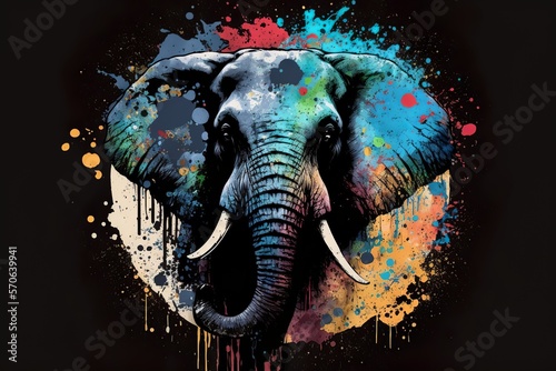 Portrait of an elephant in a colorful splash paint circle