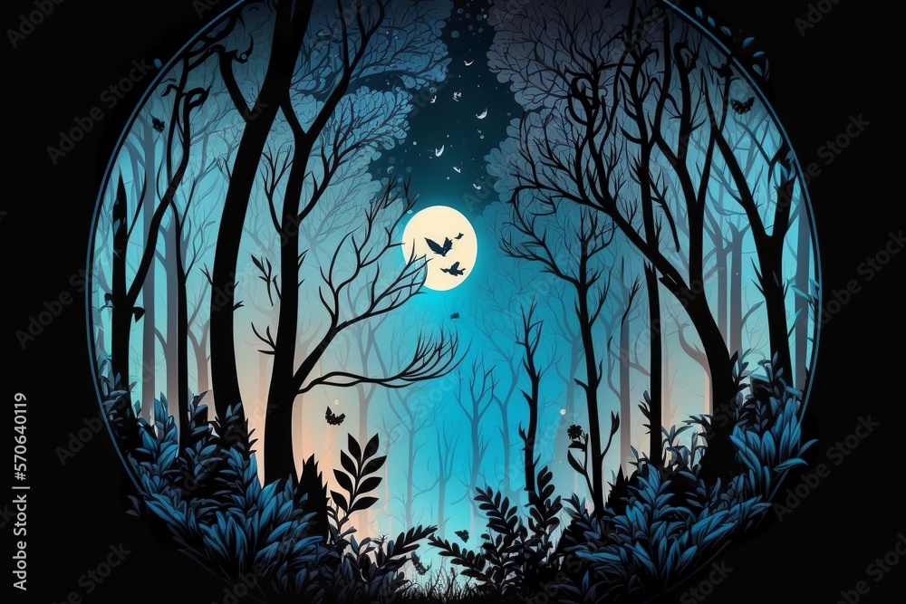 Beautiful forest silhouette with trees and full moon in a circle with ...