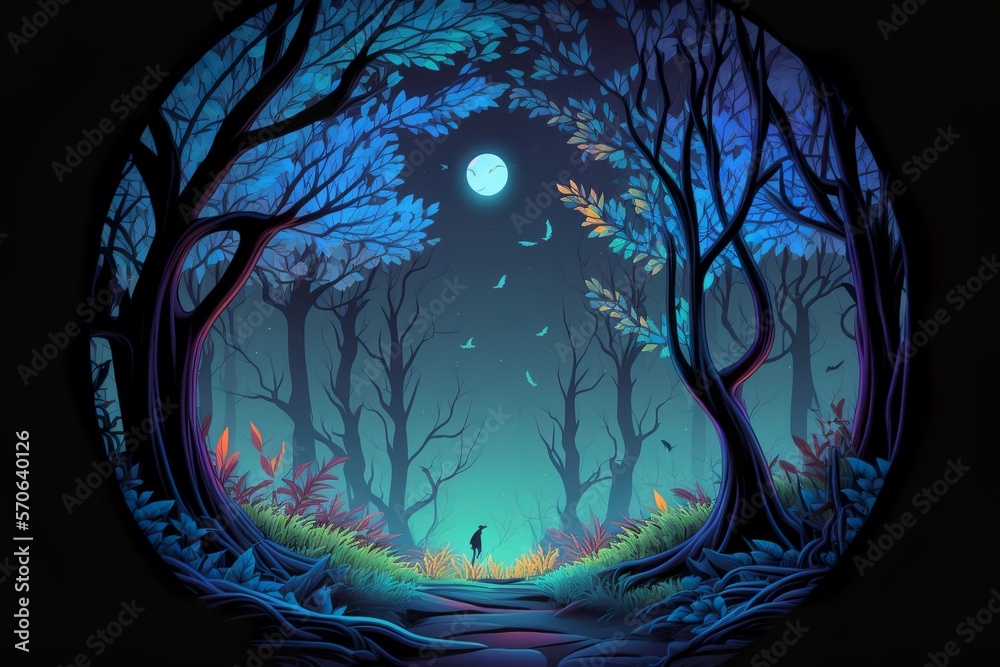 Beautiful forest silhouette with trees and full moon in a circle with ...