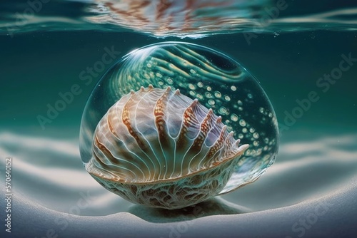 The Unforgettable Image of a Sea Shell in a Glassy Water Generative AI 