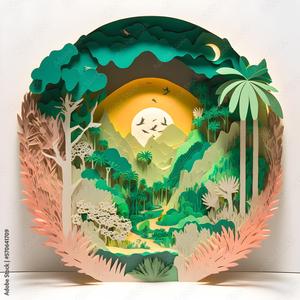 Summer Circle Tropical Jungle Papercut Diorama. Origami Tree