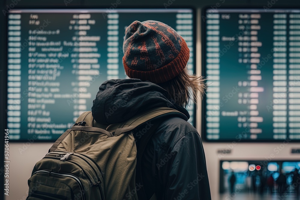A backpacker looks at the timetable panel at the airport. Generative ai A backpacker looks at the timetable panel at the airport. Generative ai