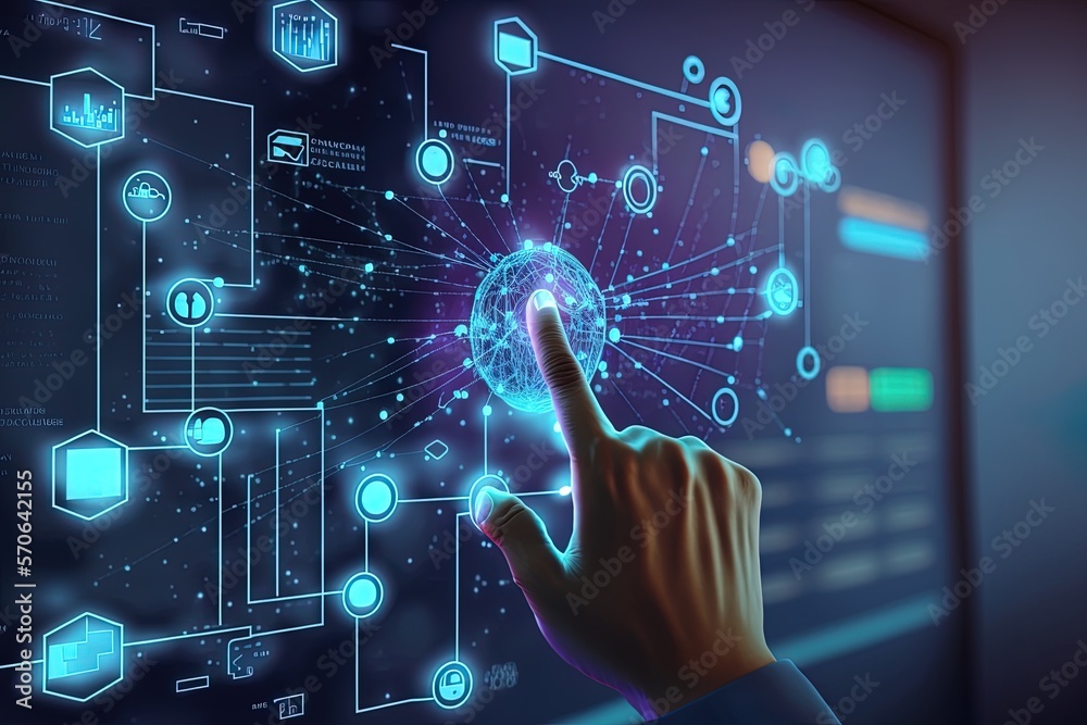 A finger of a user of a virtual reality interacts with a hologram HUD to access to another part of the UI. Generative AI A finger of a user of a virtual reality interacts with a hologram HUD to access to another part of the UI. Generative AI