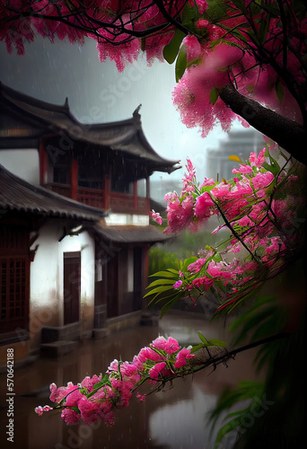 The scenery of the ancient town in the south of the Yangtze River in China is raining, and the peach blossoms are in full bloom in spring.