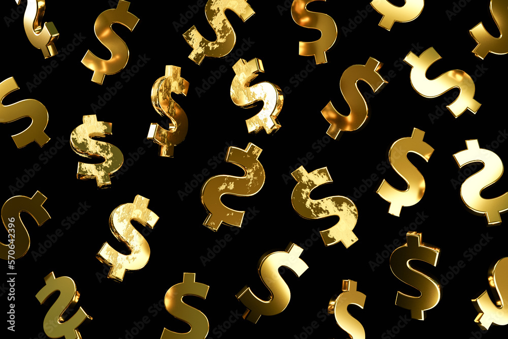 3D Golden Dollar Signs Rain. Falling Down. Background Texture 3D Golden Dollar Signs Rain. Falling Down. Background Texture