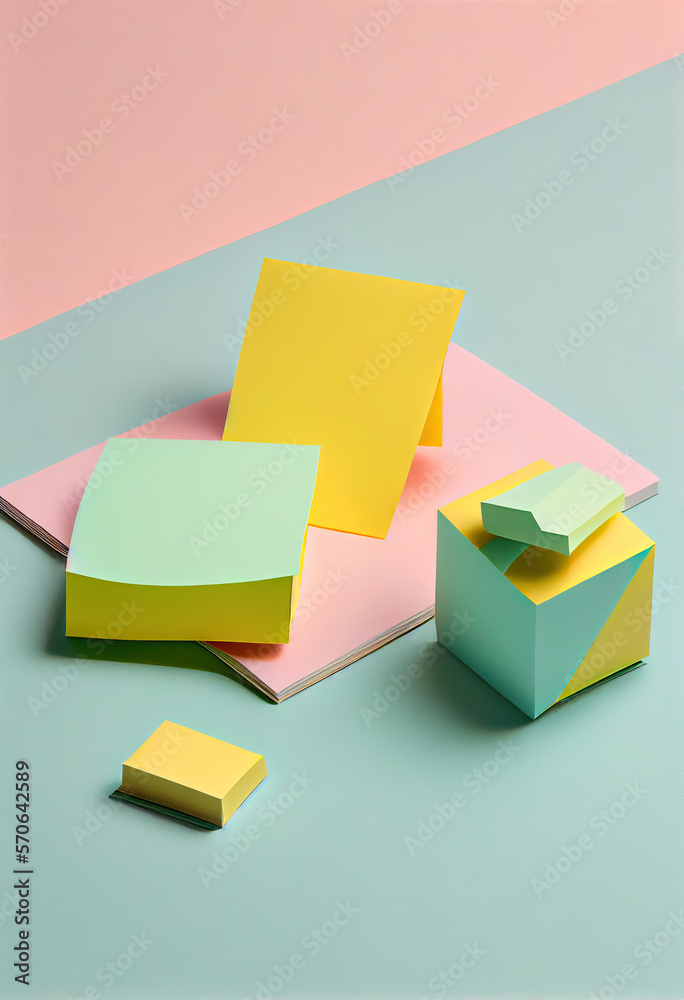 Creative 3D object with colorful memo papers on two tone pastel background. Creative 3D object with colorful memo papers on two tone pastel background.