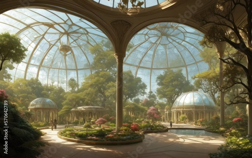 A large glass dome covers the summer garden. futuristic architecture.