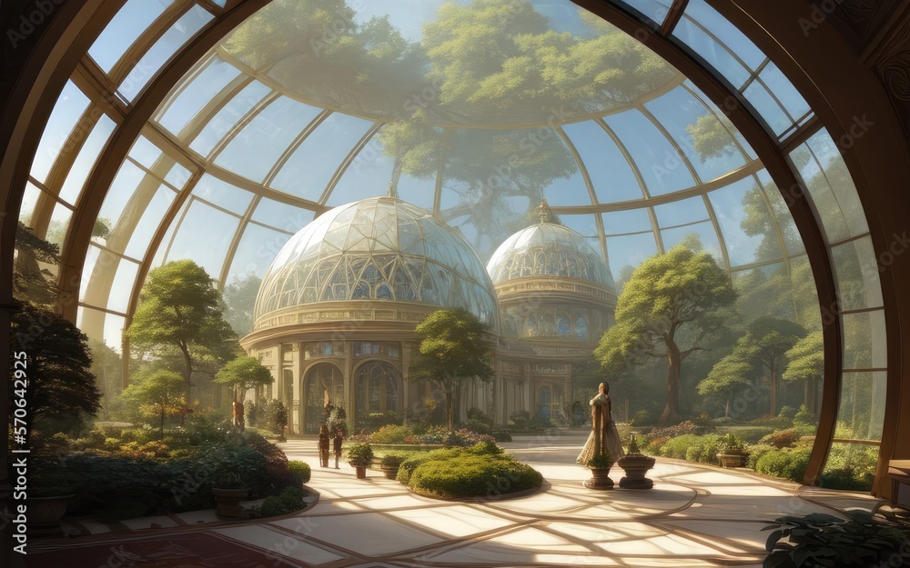 Fototapeta premium A large glass dome covers the summer garden. futuristic architecture.
