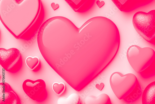 Set of vibrant pink soft 3D heart shape background design. Collection of Valentine's d backdrop with copy space for design. Elements for Vday festival design composition. Top view. Generative Ai