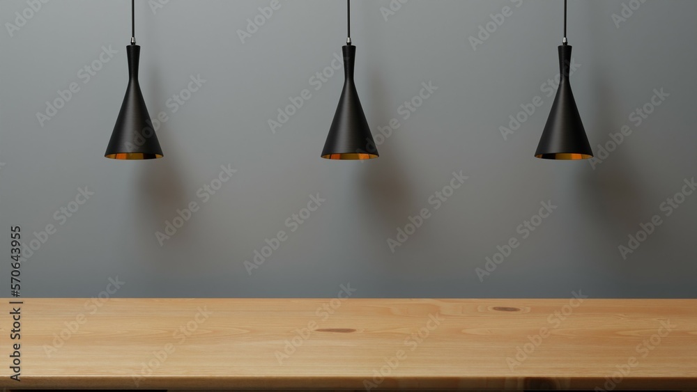3d rendering. Minimal cozy counter mockup design for product presentation background. Branding in Japan style with bright wood top counter and pastel grey wall with modern black light.Kitchen interior 3d rendering. Minimal cozy counter mockup design for product presentation background. Branding in Japan style with bright wood top counter and pastel grey wall with modern black light.Kitchen interior