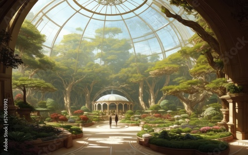 A large glass dome covers the summer garden. futuristic architecture.