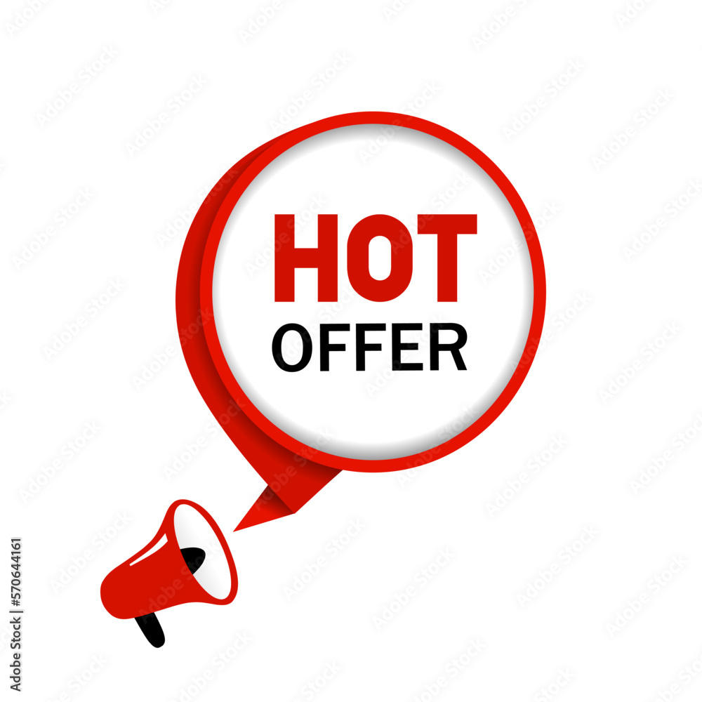 Hot offer banner design. Speech bubble with megaphone icon. Modern style vector illustration. Hot offer banner design. Speech bubble with megaphone icon. Modern style vector illustration.