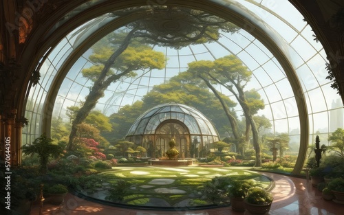 A large glass dome covers the summer garden. futuristic architecture.