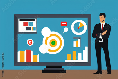 A Business Person In Suit Next To Marketing Strategy Chart and Graphs Dashboard created with Generative AI Technology