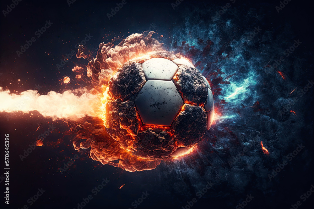 Fototapeta premium Fast flying burning soccer ball on fire with sparks on a black background. Generative AI