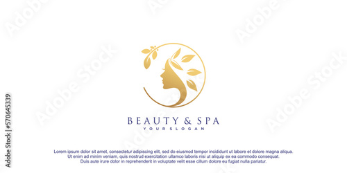 Beauty woman face logo with floral element concept design vector icon illustration