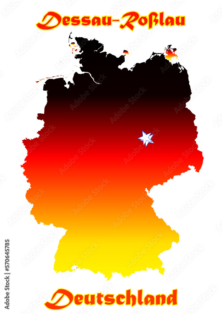Deutschlandkarte Flagge mit der Stadt Dessau-Roßlau als Stern