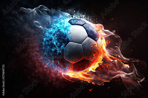 fast flying burning soccer ball in fire and ice on a dark background. Generative AI