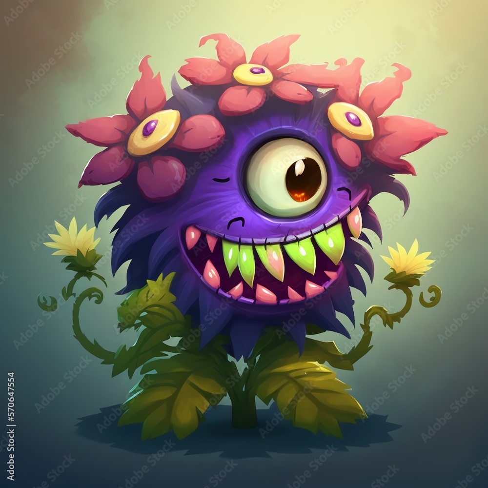 In game single monster design flower shape cartoon style by Generative AI