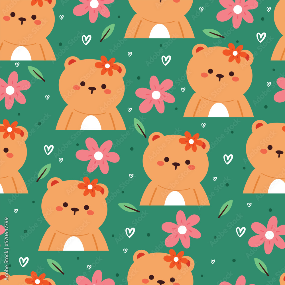 Fototapeta premium seamless pattern cartoon bear and flower. cute animal wallpaper illustration for gift wrap paper
